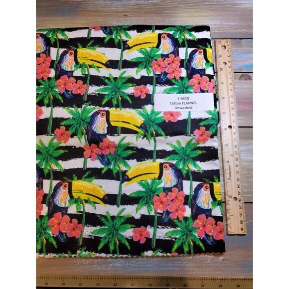 Quilting Fabric 1 Yard Flannel Toucan Hibiscus Palm Trees Hawaiian Stripes - Picture 3 of 6
